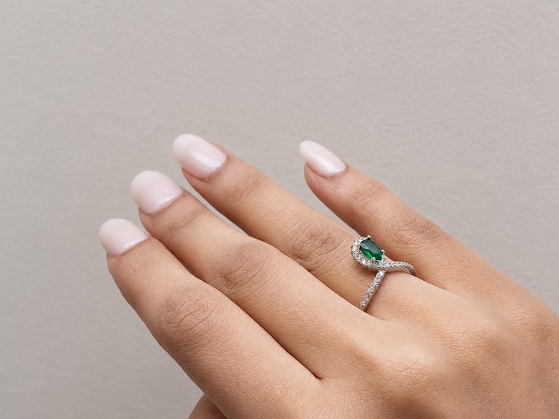 Silver Emerald Pear Halo Pave Ring – view 3