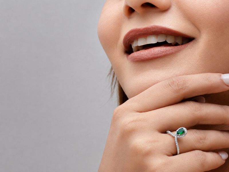 Silver Emerald Pear Halo Pave Ring – view 4