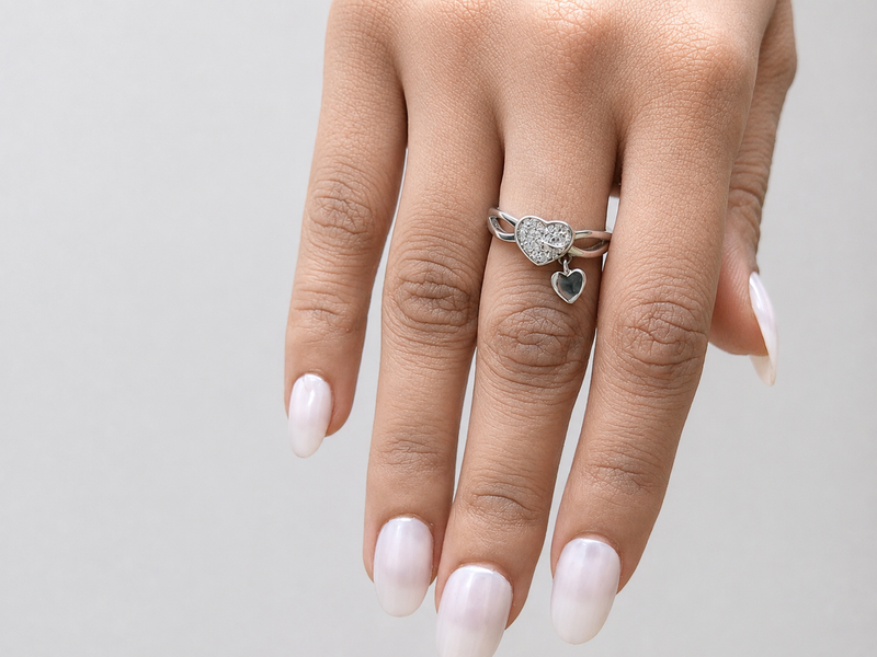 Silver Pave Heart with Dangling Heart Ring – view 3