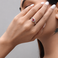Silver Ruby Round Halo Swirl Ring – view 3