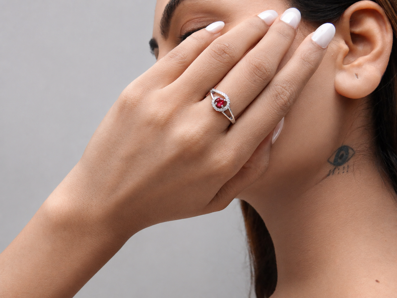 Silver Ruby Round Halo Swirl Ring – view 3