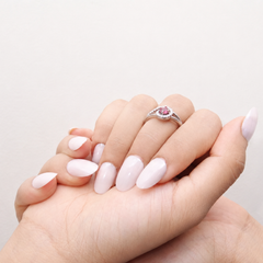 Silver Ruby Round Halo Swirl Ring – view 4