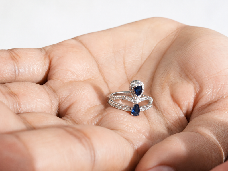 Silver Blue Pear Stone Pave Cross Ring – view 2
