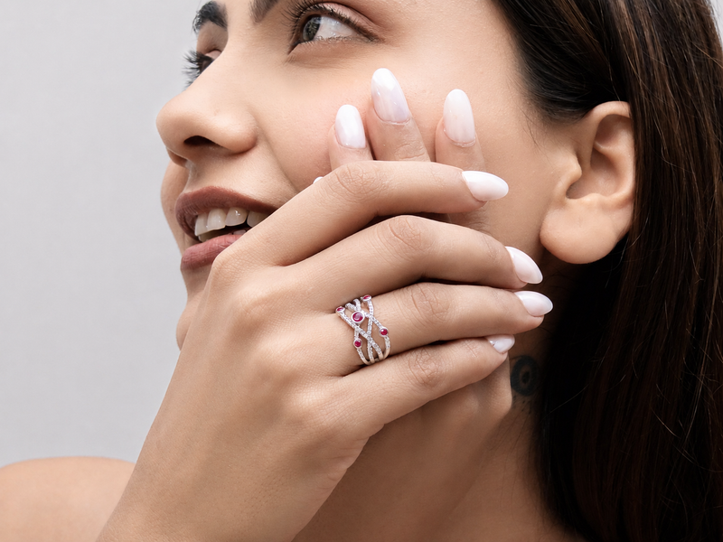 Silver Ruby Bezel Criss-Cross Pave Ring – view 3