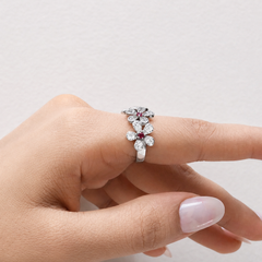 Silver Triple Ruby Centre Flower Pave Ring – view 4
