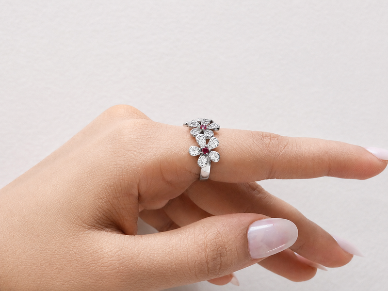 Silver Triple Ruby Centre Flower Pave Ring – view 4