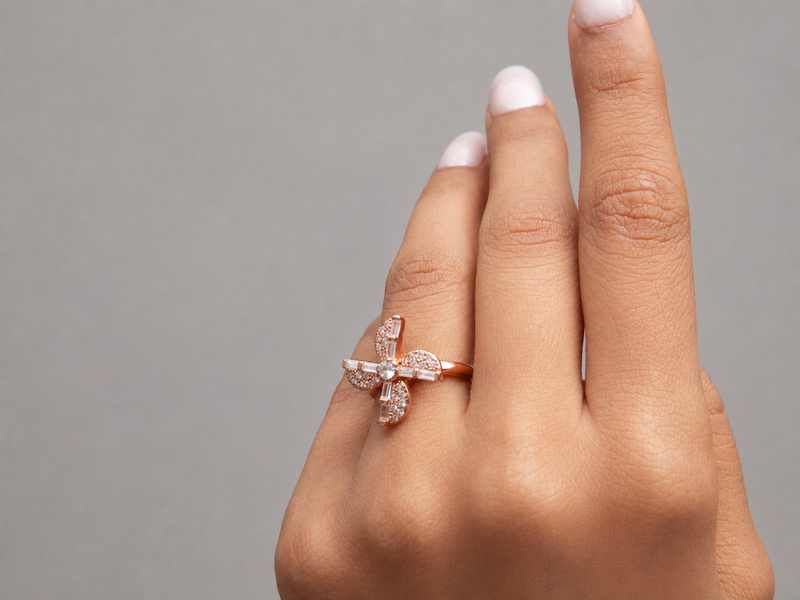 Silver Rose Gold Baguette Flower Ring – view 2