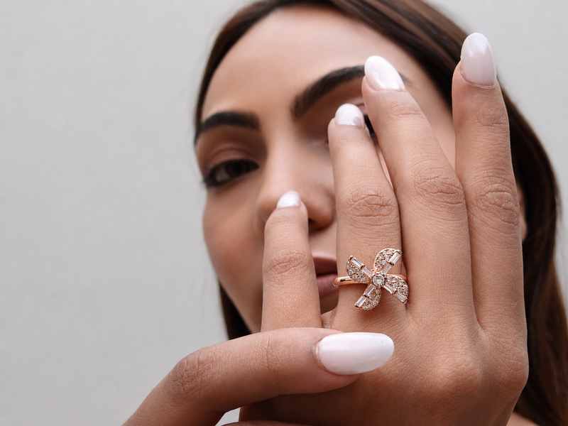 Silver Rose Gold Baguette Flower Ring – view 3