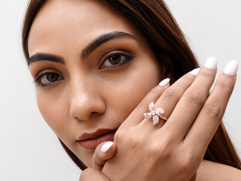 Silver Rose Gold Baguette Flower Ring – view 4