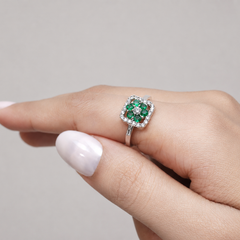 Silver Emerald Cluster Square Halo Ring – view 2