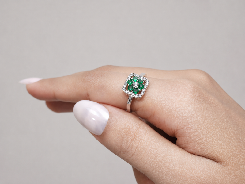 Silver Emerald Cluster Square Halo Ring – view 2