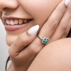 Silver Emerald Cluster Square Halo Ring – view 3