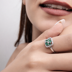 Silver Emerald Cluster Square Halo Ring – view 4