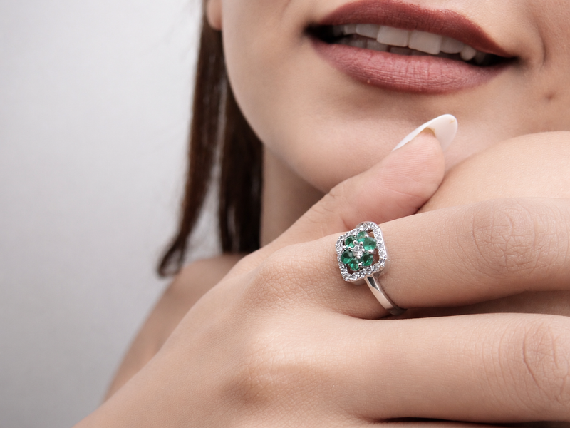 Silver Emerald Cluster Square Halo Ring – view 4