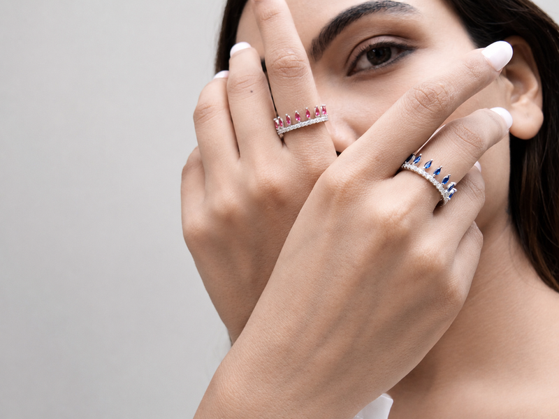 Silver Pink & Blue Marquise Wide Eternity Ring – view 2