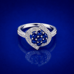 Silver Blue Cluster Flower Pave Frame Ring