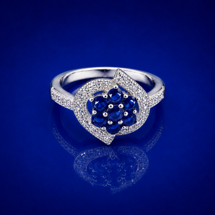 Silver Blue Cluster Flower Pave Frame Ring
