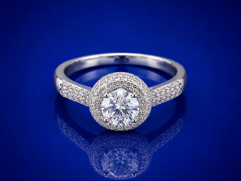 Silver Round Solitaire Pave Halo Ring