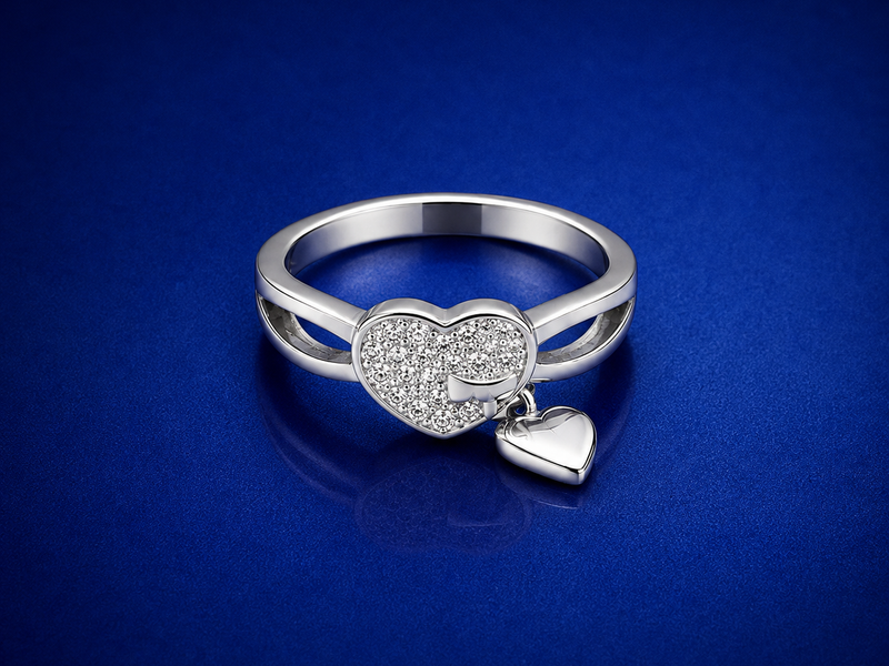 Silver Pave Heart with Dangling Heart Ring
