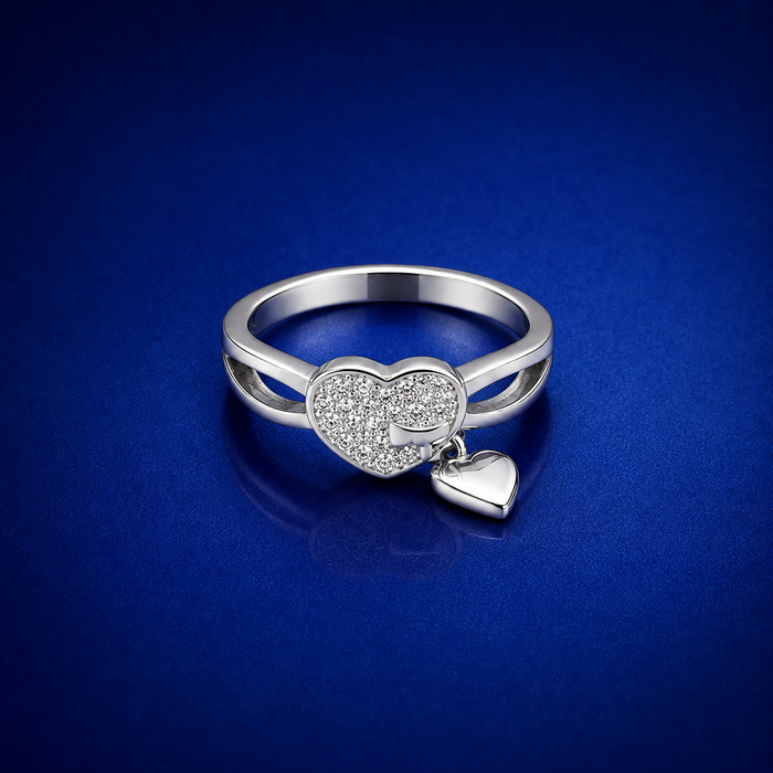 Silver Pave Heart with Dangling Heart Ring