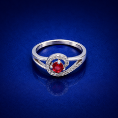 Silver Ruby Round Halo Swirl Ring