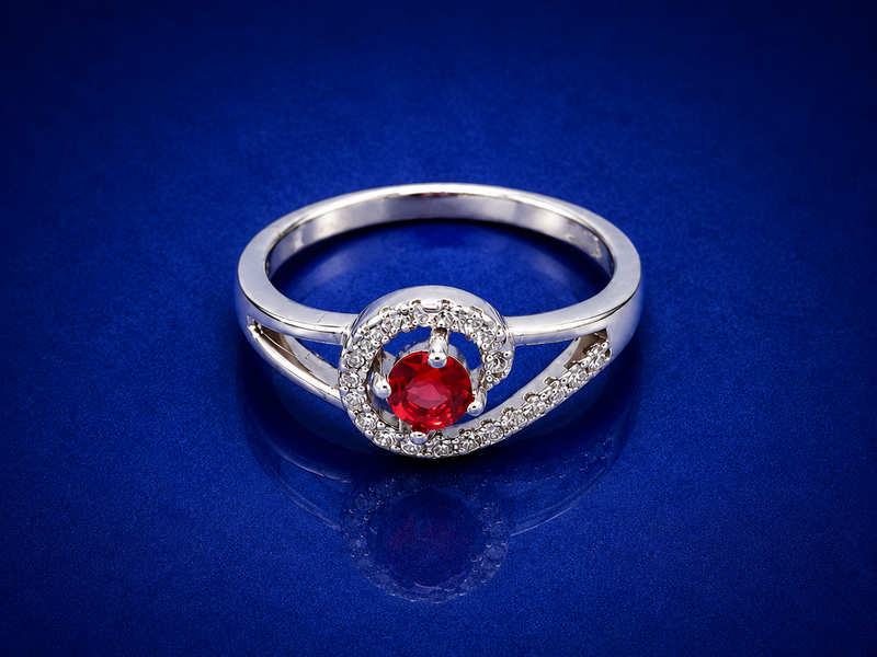Silver Ruby Round Halo Swirl Ring