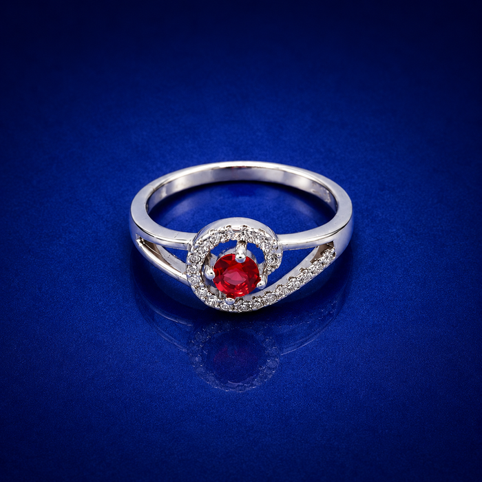 Silver Ruby Round Halo Swirl Ring