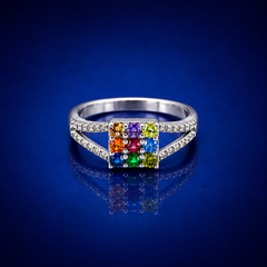 Silver Navratna Square Panel Split-Shank Ring
