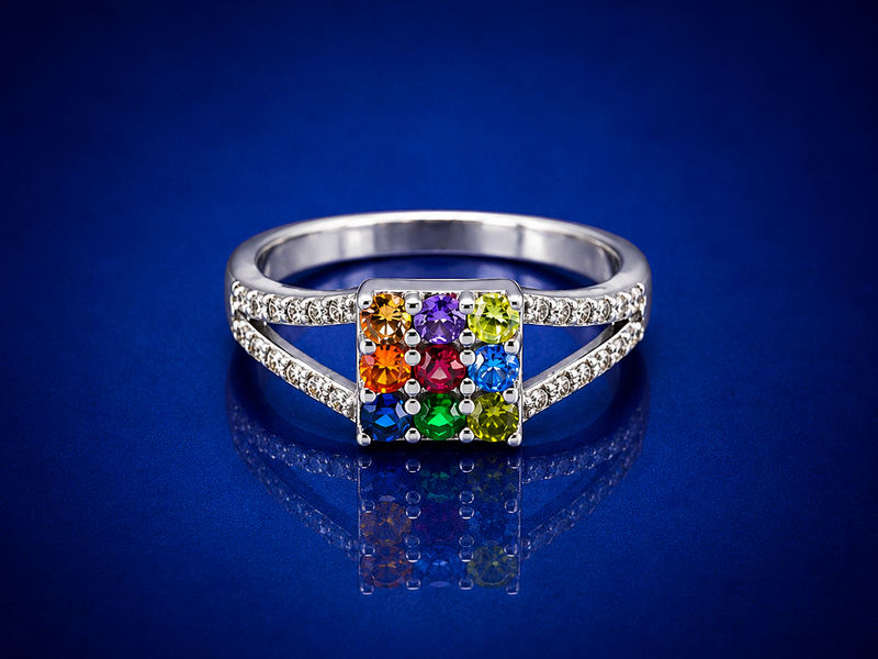 Silver Navratna Square Panel Split-Shank Ring