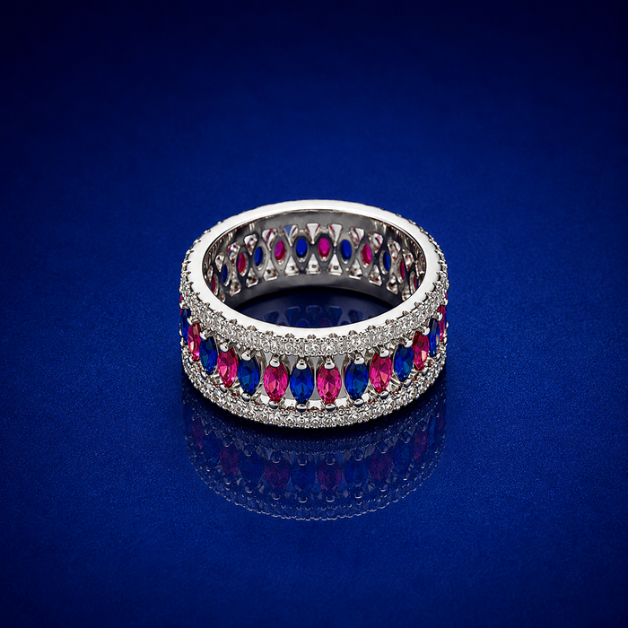 Silver Pink & Blue Marquise Wide Eternity Ring
