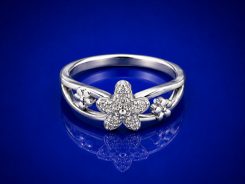 Silver Pave Five-Petal Flower Openwork Ring