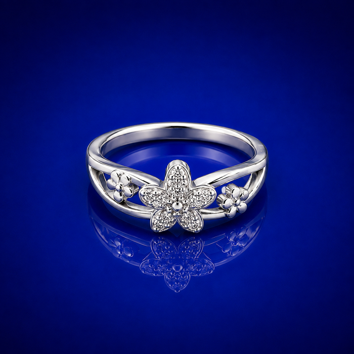 Silver Pave Five-Petal Flower Openwork Ring