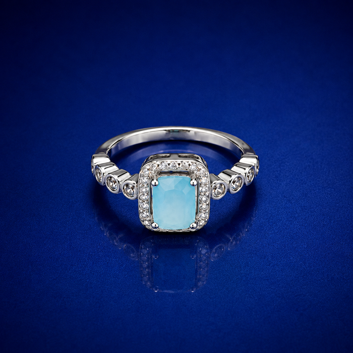 Silver Aqua Stone Milgrain Accent Ring