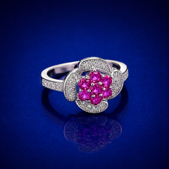 Silver Pink Cluster Flower Pave Ring