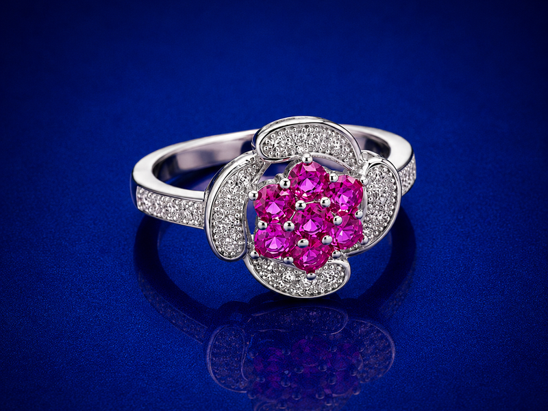 Silver Pink Cluster Flower Pave Ring