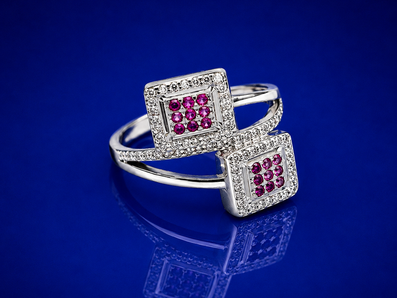 Silver Ruby Square Double Panel Ring