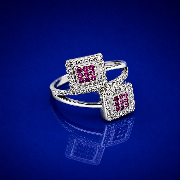 Silver Ruby Square Double Panel Ring