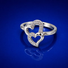 Silver Double Open Heart Pave Ring