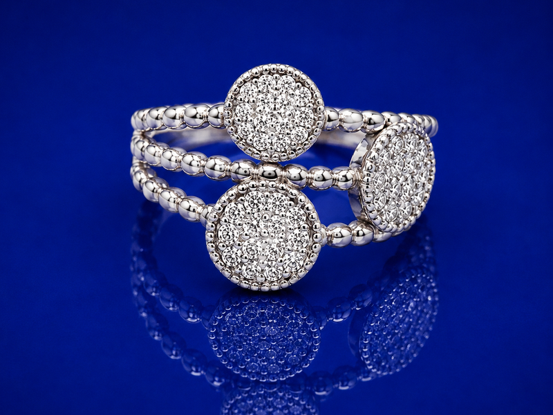Silver Triple Pave Disc Beaded Ring