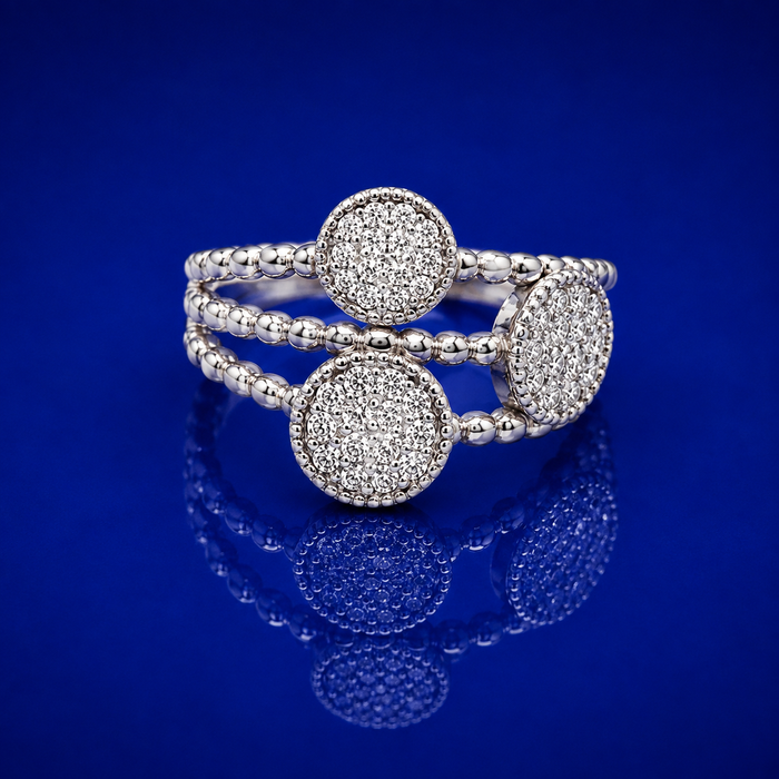 Silver Triple Pave Disc Beaded Ring