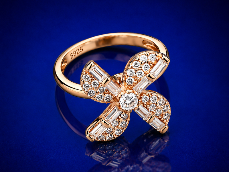 Silver Rose Gold Baguette Flower Ring