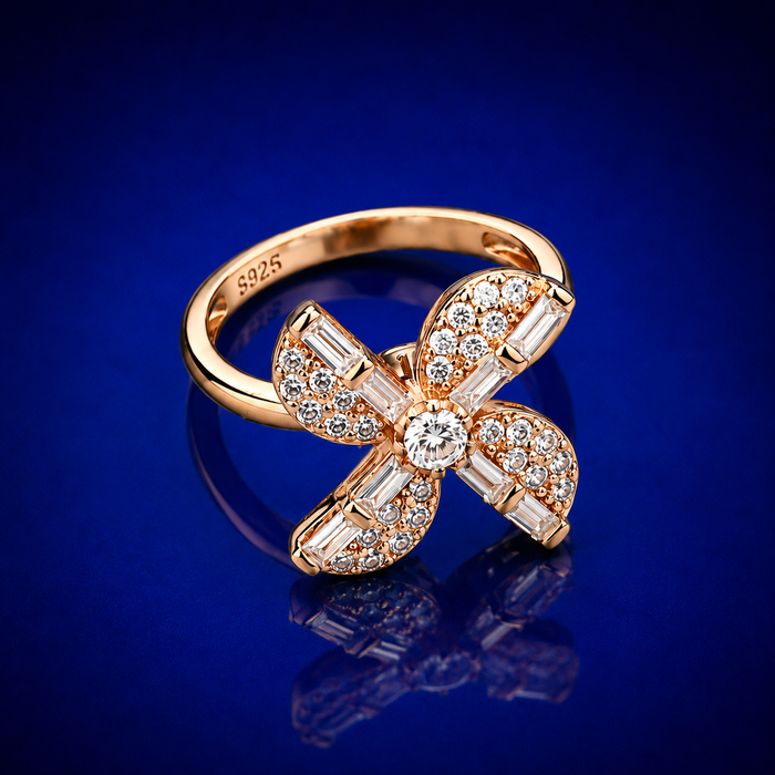 Silver Rose Gold Baguette Flower Ring