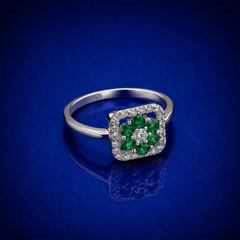 Silver Emerald Cluster Square Halo Ring