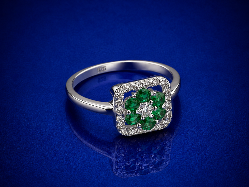Silver Emerald Cluster Square Halo Ring