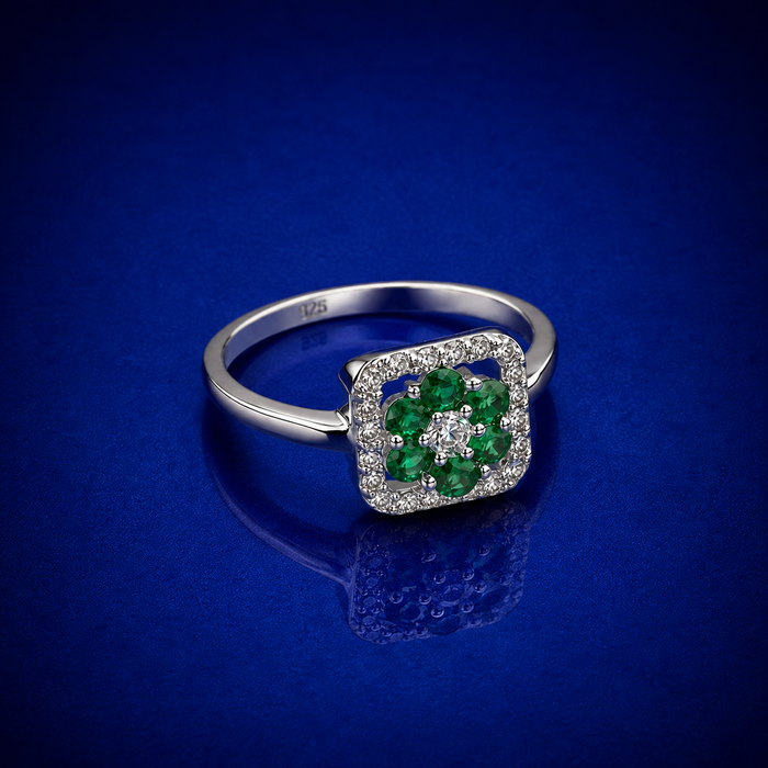 Silver Emerald Cluster Square Halo Ring