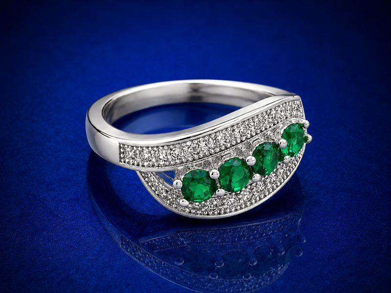 Silver Emerald Four-Stone Pave Wave Ring