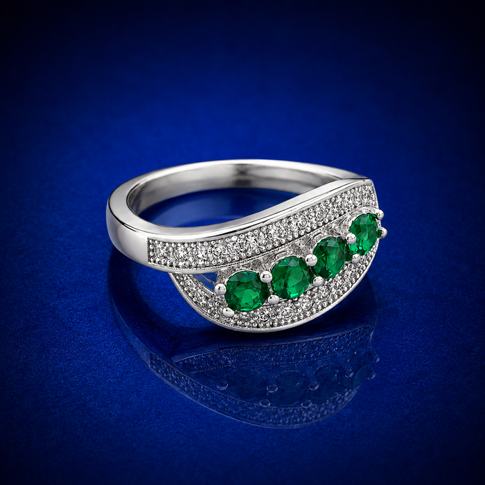 Silver Emerald Four-Stone Pave Wave Ring
