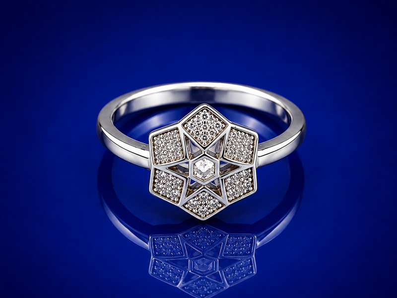 Silver Pave Star Hexagon Panel Ring