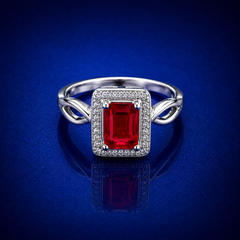 Silver Red Emerald-Cut Halo Openwork Ring