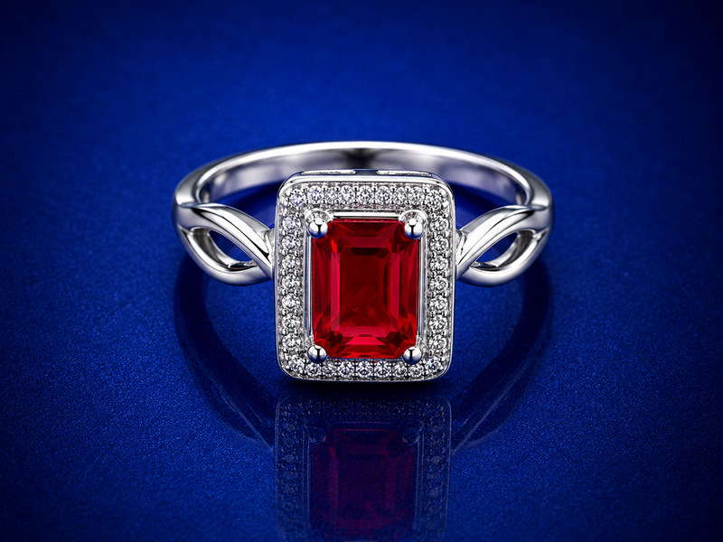 Silver Red Emerald-Cut Halo Openwork Ring